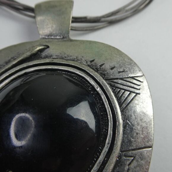 Large Brutalist Abstract Black Silver Tone Pendant on Sterling Dyadema Necklace - Picture 5 of 13